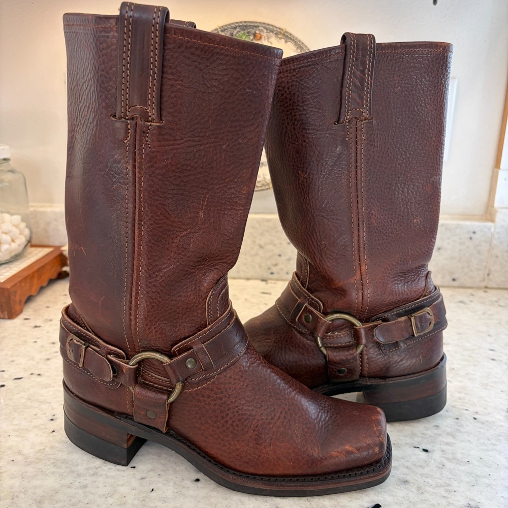 Frye Women's Belted Harness Boots Brown Leather USA Square Toe Mid Calf Size 8